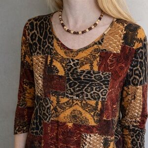 Olsen Europe Women’s Patchwork Pattern 3/4 Sleeve Shirt Top Red Large XL 14